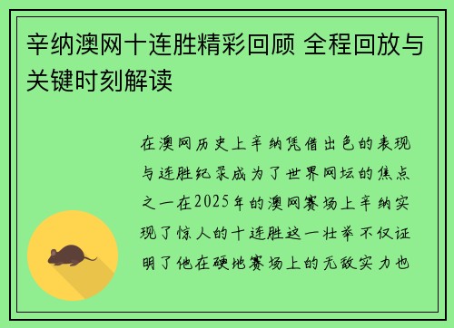 辛纳澳网十连胜精彩回顾 全程回放与关键时刻解读 辛纳澳网十连胜精彩回顾 全程回放与关键时刻解读